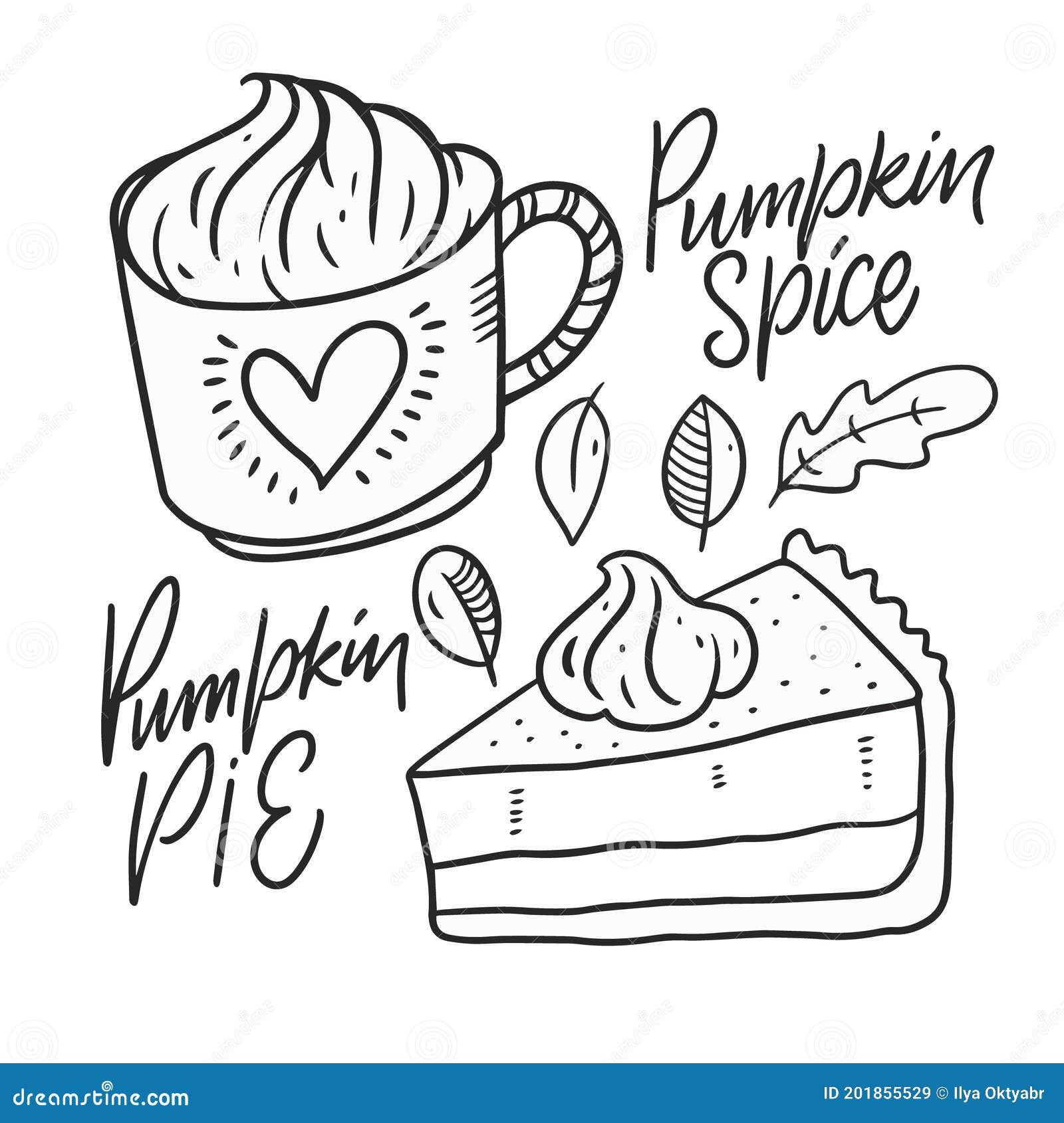 Pumpkin spice and pumpkin pie line art black color stock vector