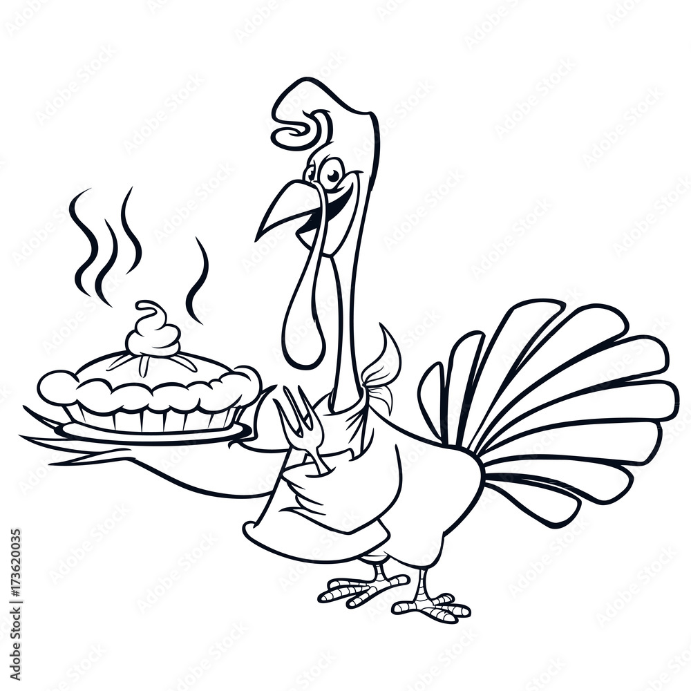 Thanksgiving funny cartoon turkey chief cook serving pumpkin pie outline strokes vector cartoon turkey for coloring book black and white contour vector
