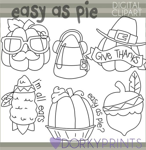 Blackline pumpkin pie thanksgiving clipart â dorky doodles