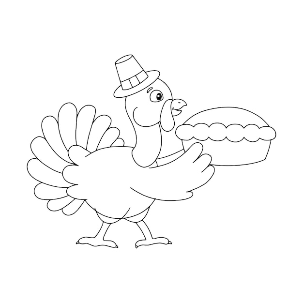 Premium vector a farm turkey carries a pumpkin pie coloring book page for kids thanksgiving day