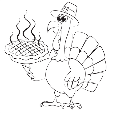 Thanksgiving turkey in pilgrim hat serving hot pumpkin pie coloring page free printable coloring pages