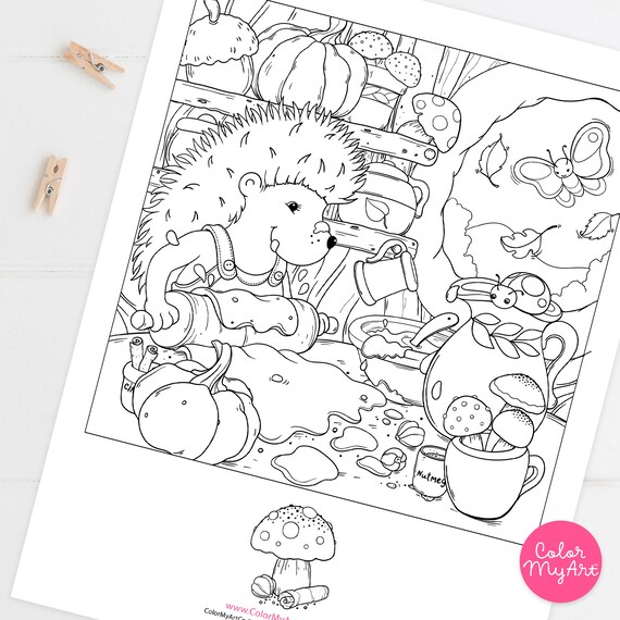 Cute hedgehog coloring sheet baking coloring page pumpkin pie cottage core whimsical woodland animal fall colouring adult coloring