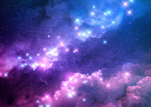 Abstract pink and blue galaxy background filled with bright stars raster illustration