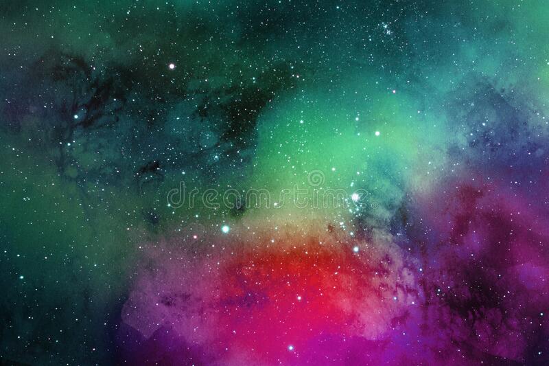 Dark blue and green and purple and red colorful dramatic space with colorful galaxies and stars for background stock photo