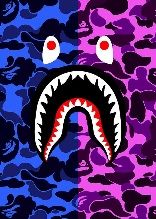 Bape shark teeth camo blue pink greeting card by shezan kiska