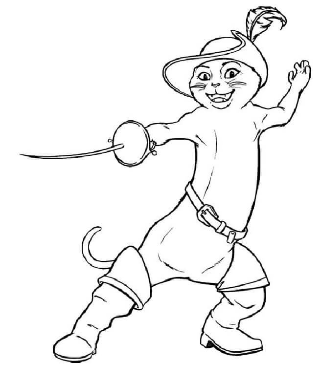Puss in boots with a sword in his hands coloring page