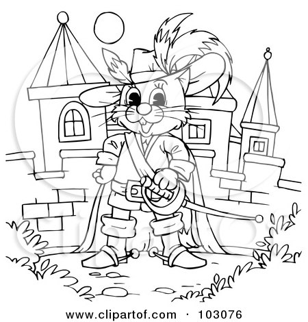 Coloring page outline of puss in boots by a castle posters art prints by