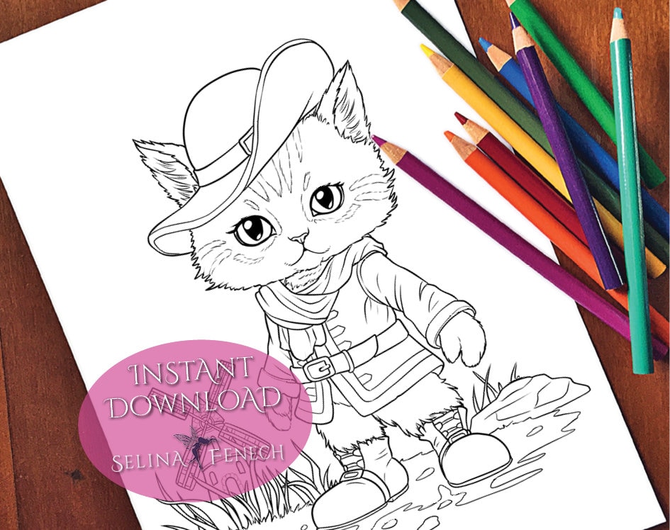 Puss in boots cute fairy tales princesses and fables coloring pagedigi stamp fantasy printable download by selina fenech