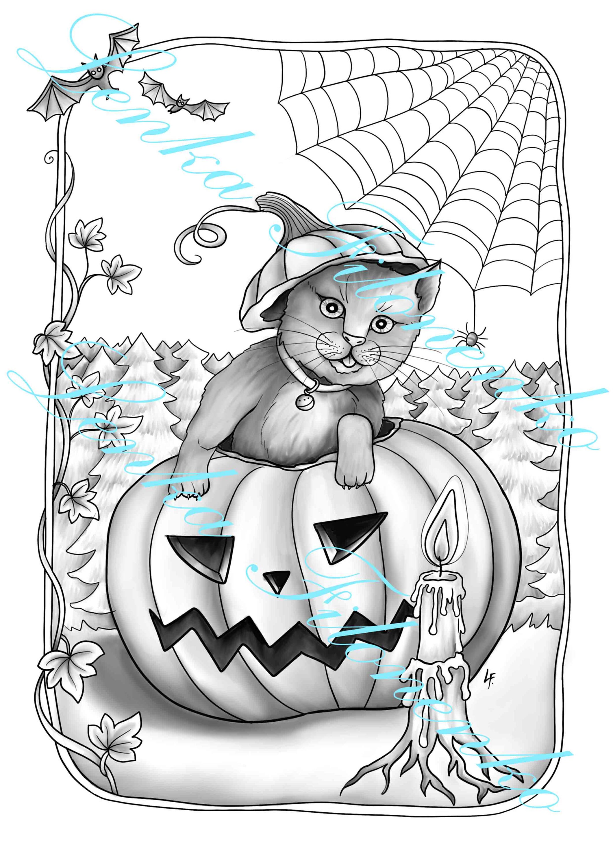 Coloring page for adults art coloring page halloween cat pdf download and print greyscale version