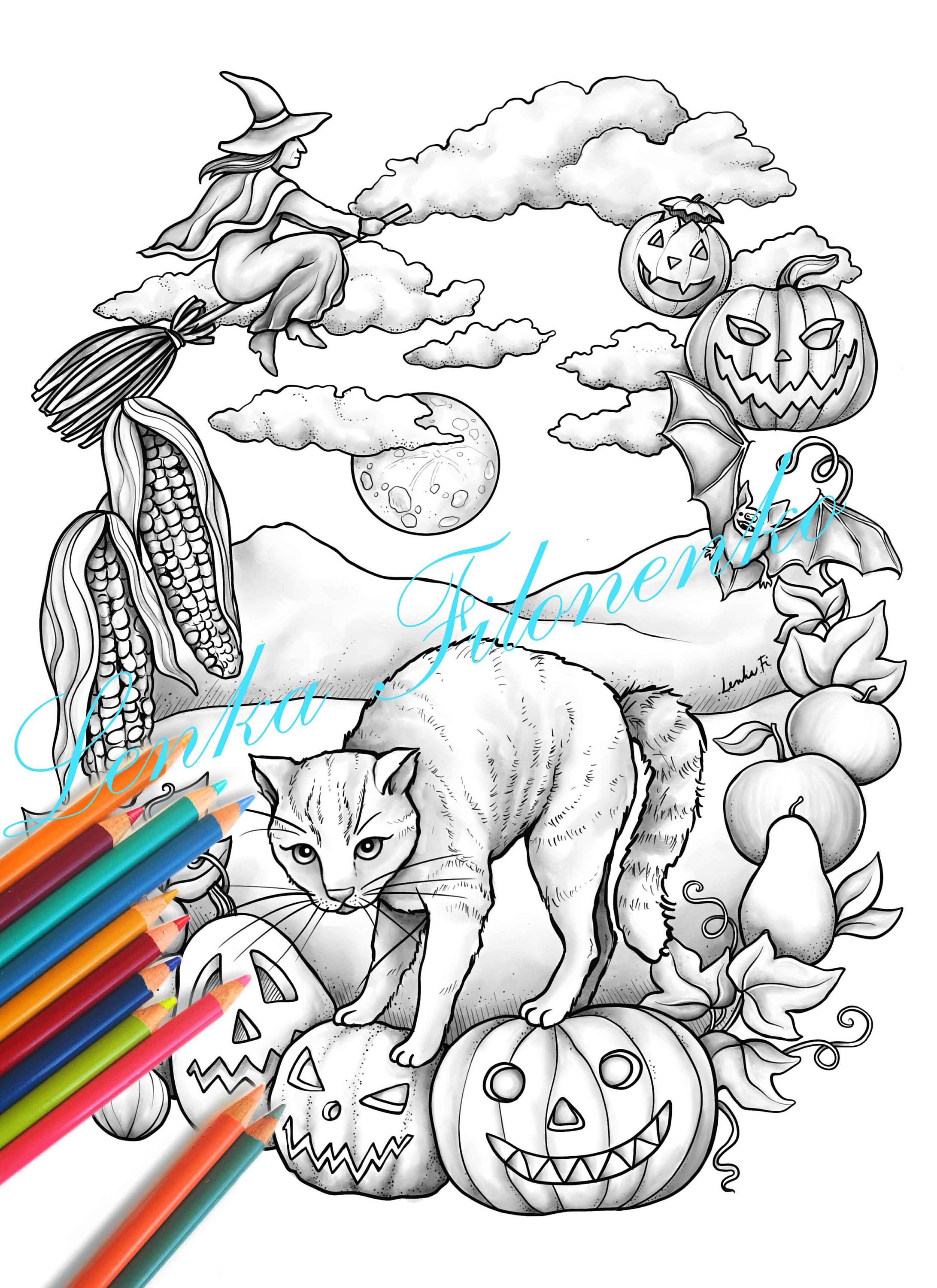 Halloween cat coloring page for adults grey scale pdf download and print instant download