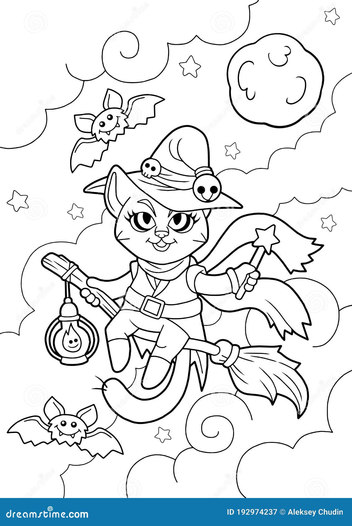 Cartoon cat witch coloring book funny illustration stock vector
