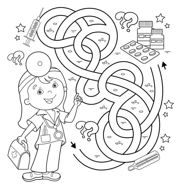 Maze or labyrinth game puzzle tangled road coloring page outline of cartoon doctor with medical tools coloring book for kids coloring book for kids stock illustration