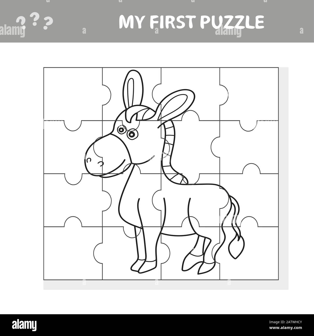 Cartoon vector illustration of education jigsaw puzzle game for preschool children with funny donkey farm animal