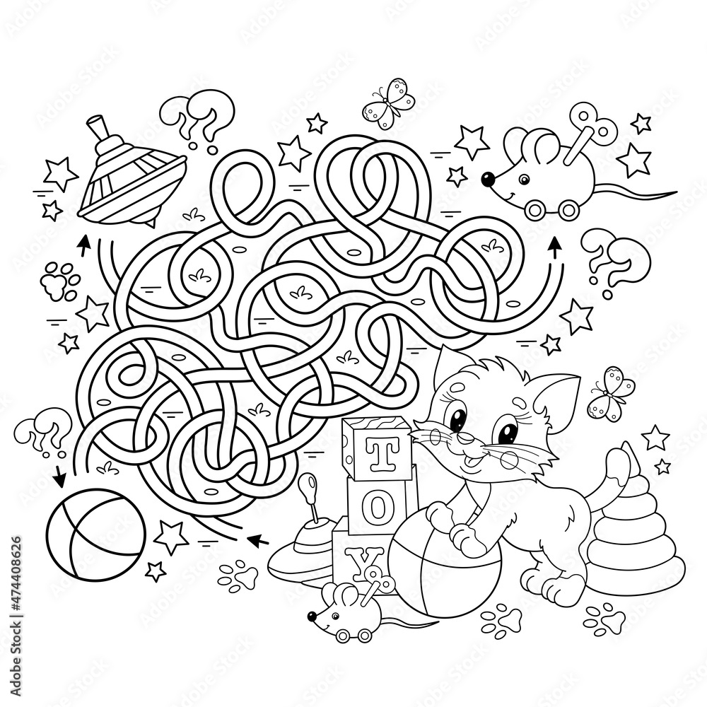 Maze or labyrinth game puzzle tangled road coloring page outline of cartoon little cat with toys kitten coloring book for kids vector