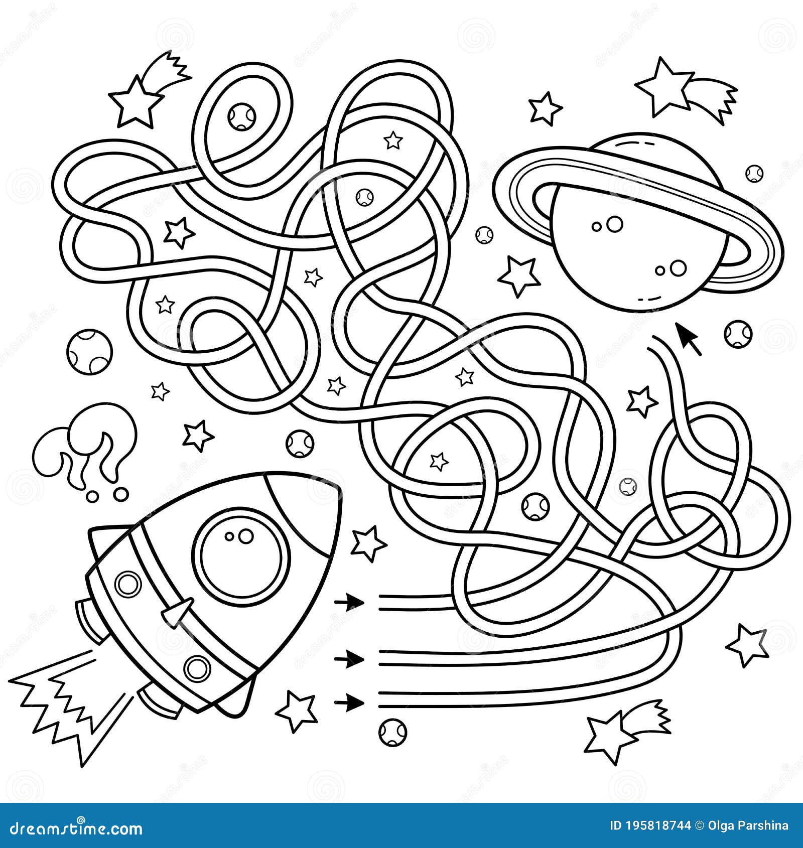 Maze or labyrinth game puzzle tangled road coloring page outline of cartoon rocket in space coloring book for kids stock vector