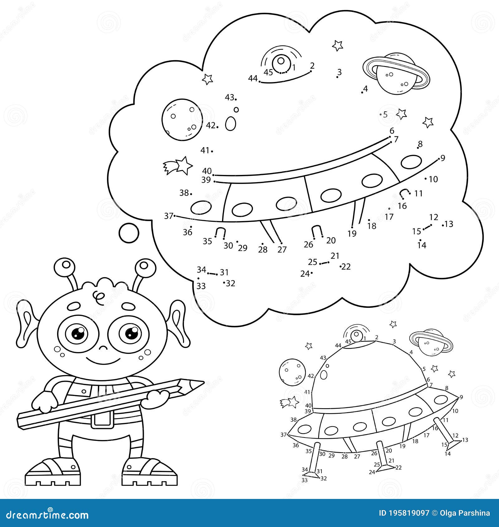 Puzzle game for kids numbers game coloring page outline of cartoon flying saucer with little alien stock vector