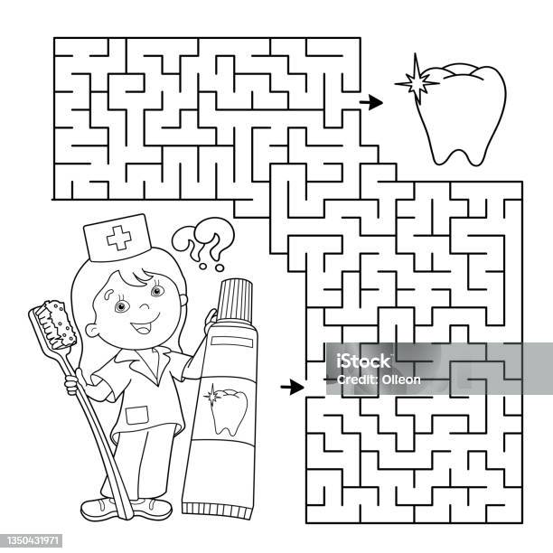Maze or labyrinth game puzzle coloring page outline of cartoon doctor with toothbrush and toothpaste coloring book for kids stock illustration