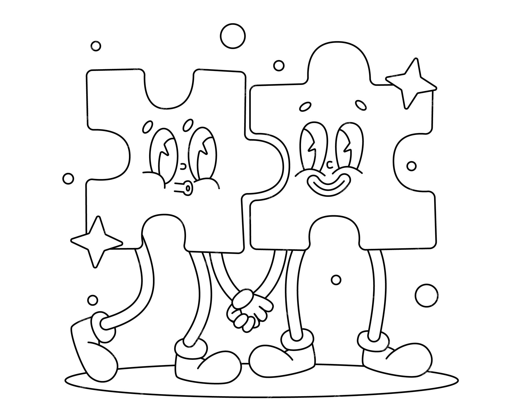 Premium vector vector cute puzzle pieces with faces coloring book cartoon isolated on white coloring page outline