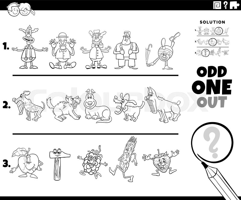 Odd one out puzzle with cartoon characters coloring page stock vector