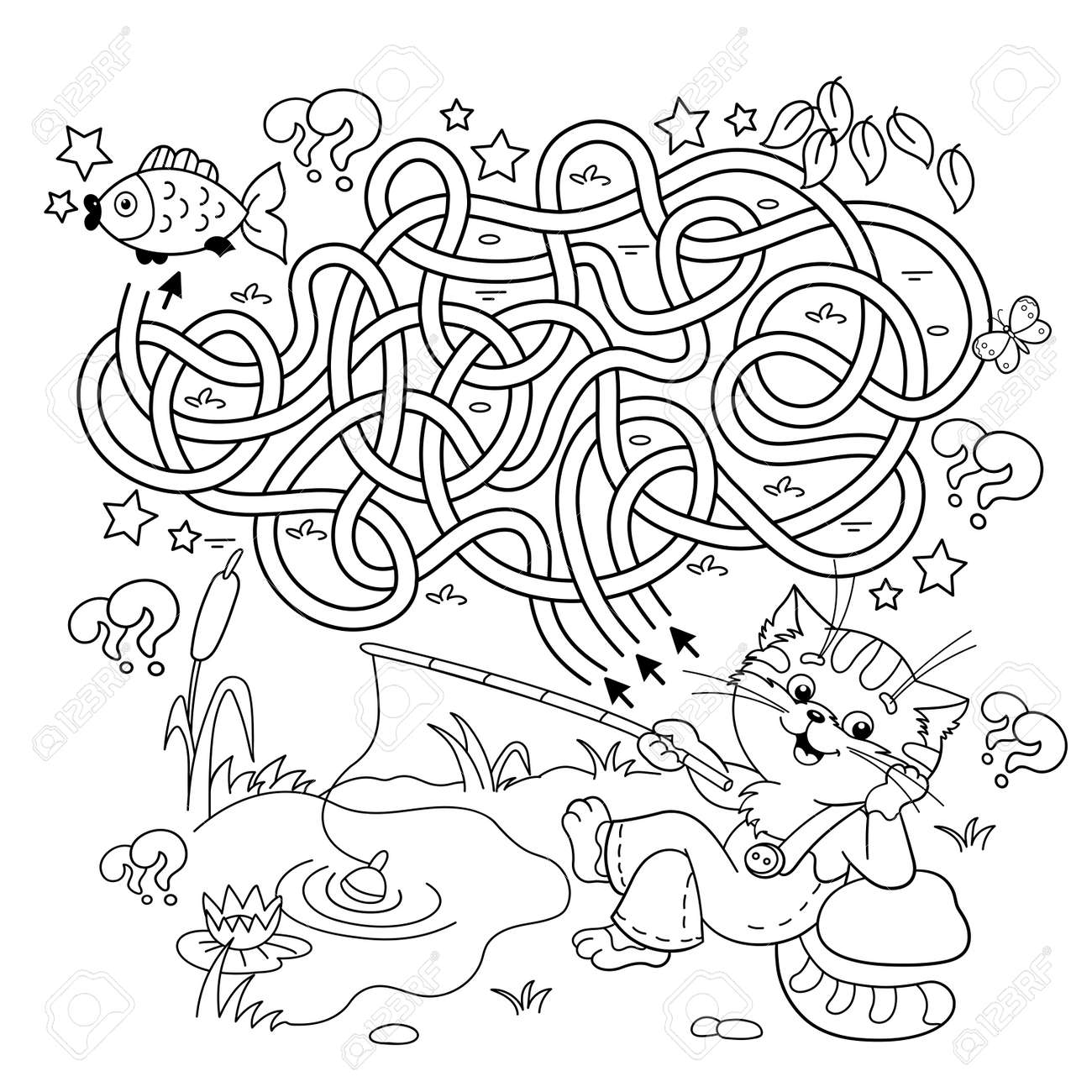 Maze or labyrinth game puzzle tangled road coloring page outline of cartoon cat with fishing rod fun fisher coloring book for kids royalty free svg cliparts vectors and stock illustration image