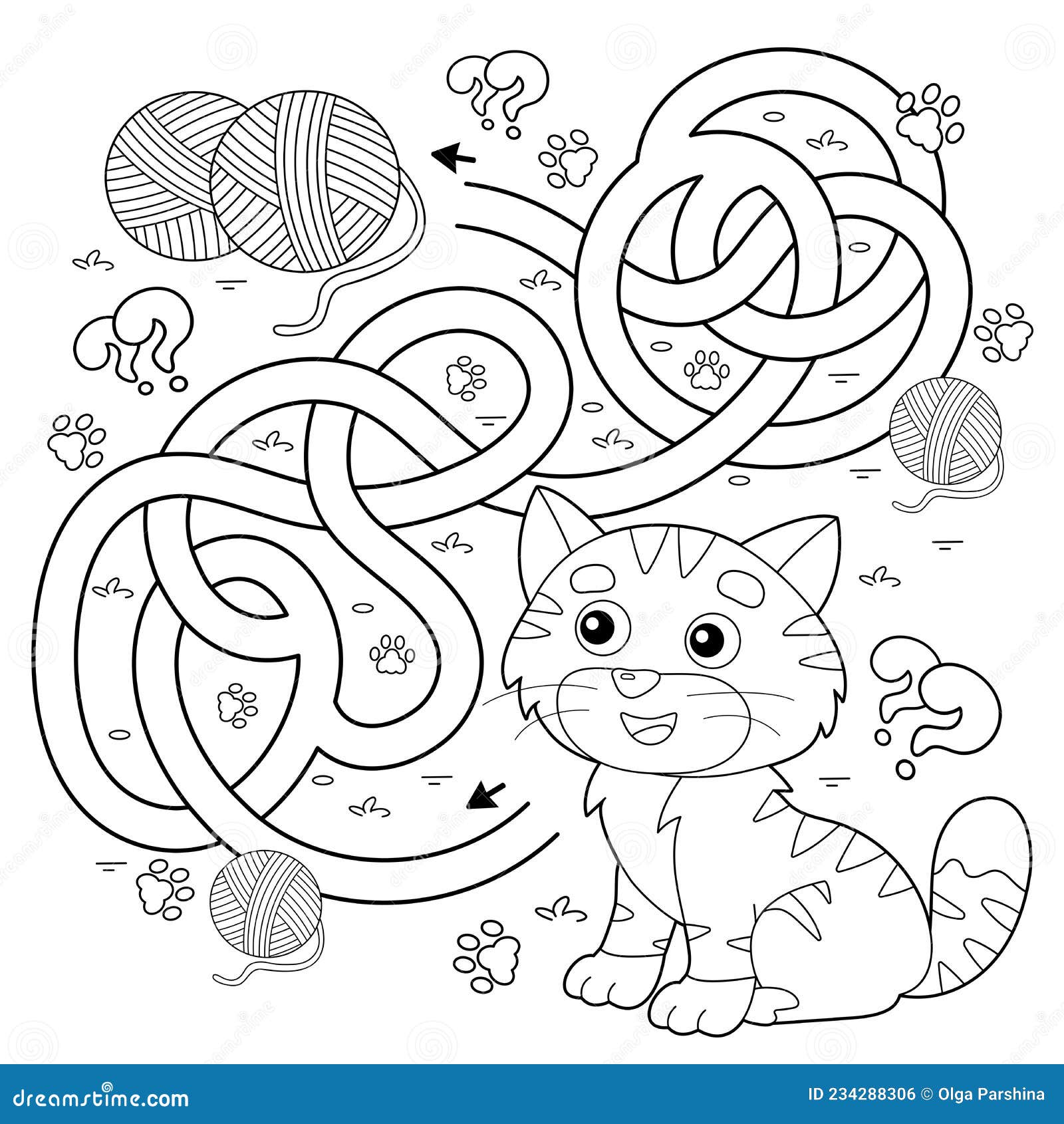 Maze or labyrinth game puzzle tangled road coloring page outline of cartoon cat with ball of yarn stock vector