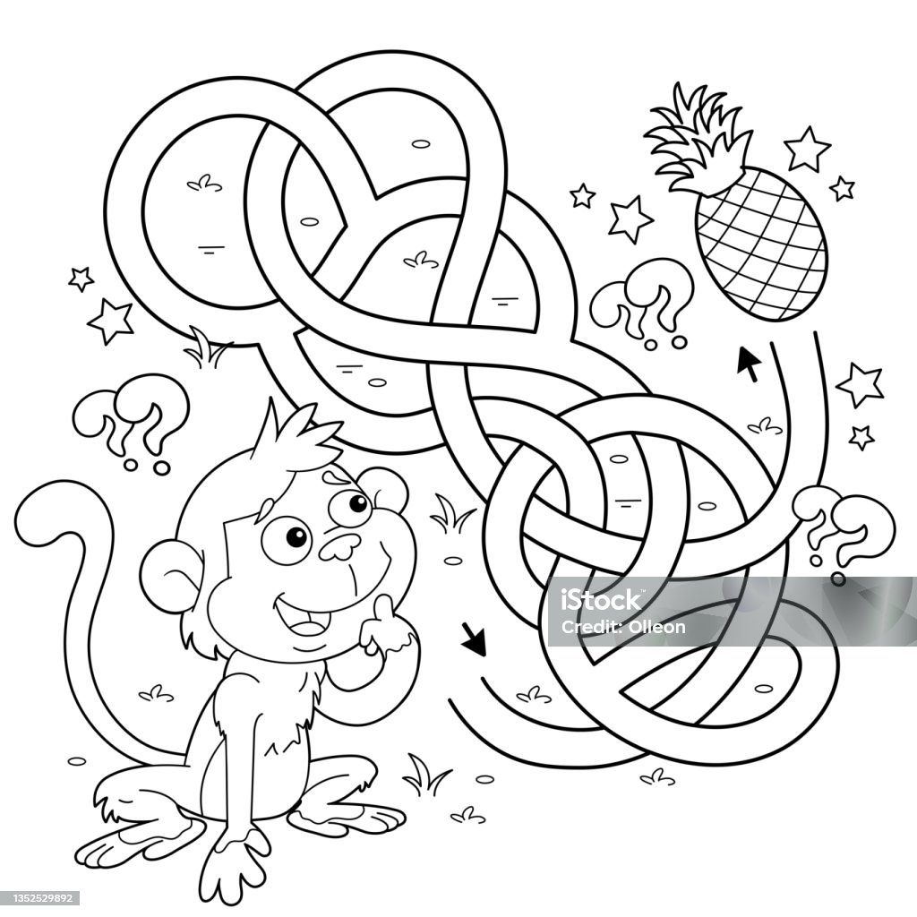 Maze or labyrinth game puzzle tangled road coloring page outline of cartoon little monkey with pineapples collect fruits coloring book for kids stock illustration