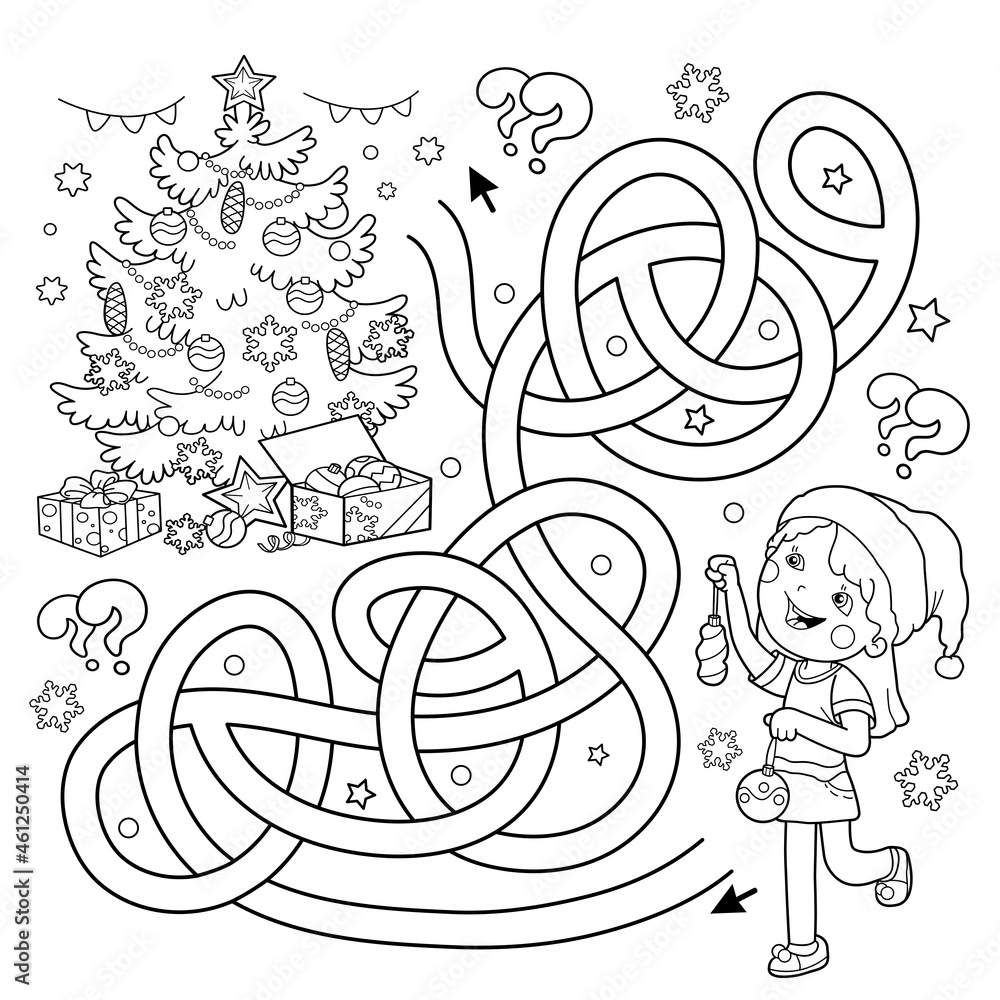 Maze or labyrinth game puzzle tangled road coloring page outline of cartoon girl decorating the christmas tree christmas new year coloring book for kids vector