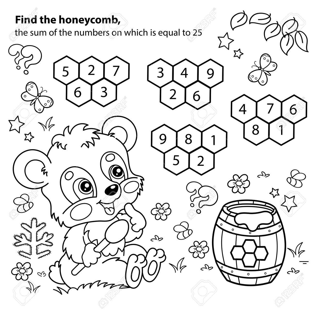 Math addition game puzzle for kids coloring page outline of cartoon little bear cub with barrel of honey coloring book for children royalty free svg cliparts vectors and stock illustration image