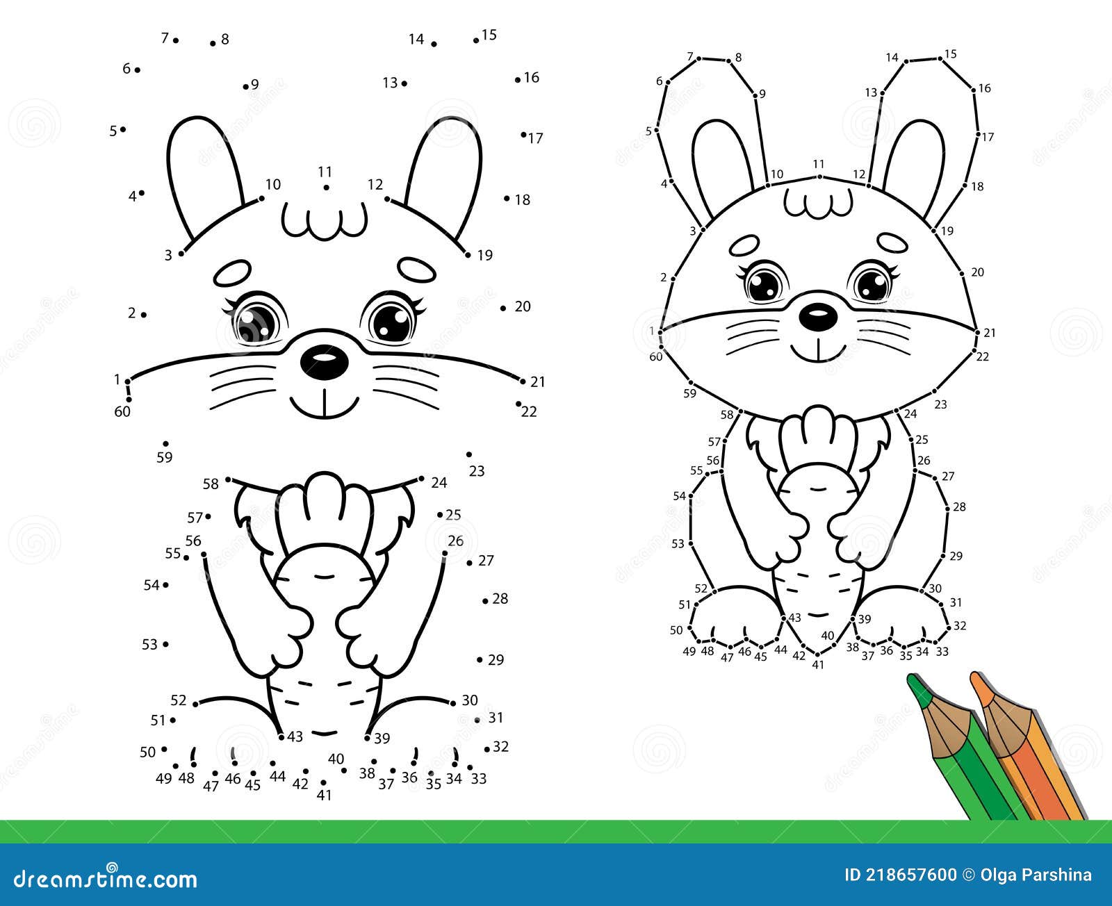 Puzzle game for kids numbers game coloring page outline of cartoon little bunny or rabbit with carrot stock vector