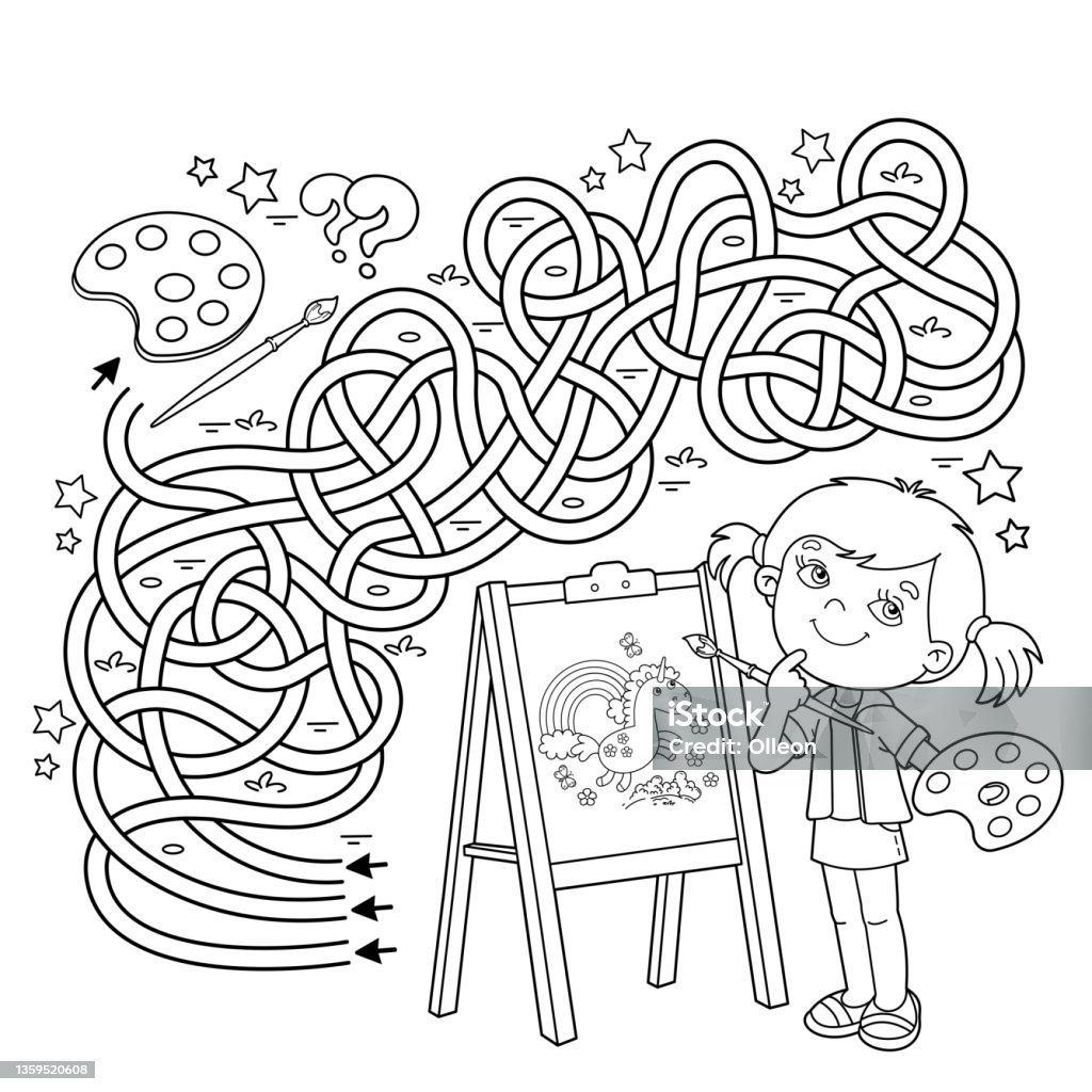 Maze or labyrinth game puzzle tangled road coloring page outline of cartoon girl with brush and paints little artist with easel coloring book for kids stock illustration
