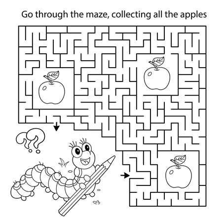 Maze or labyrinth game puzzle coloring page outline of cartoon fun caterpillar with pencil collect all apples coloring book for kids