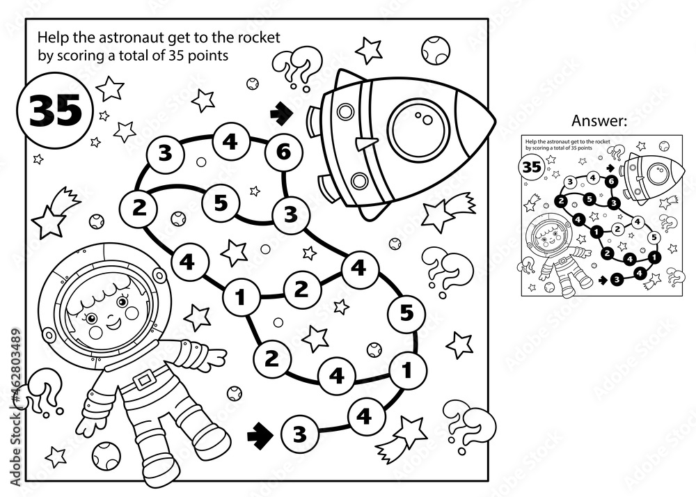 Maze or labyrinth game puzzle coloring page outline of cartoon astronaut with rocket in space little spaceman or cosmonaut coloring book for kids vector