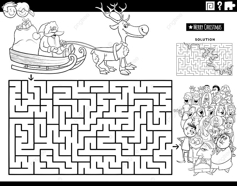 Black and white cartoon illustration of educational maze puzzle game with santa claus on sleigh with christmas presents and people crowd coloring book page template download on
