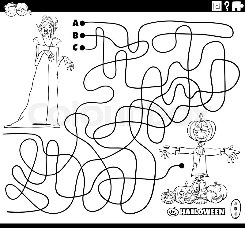 Maze puzzle with cartoon vampire on halloween coloring page stock vector