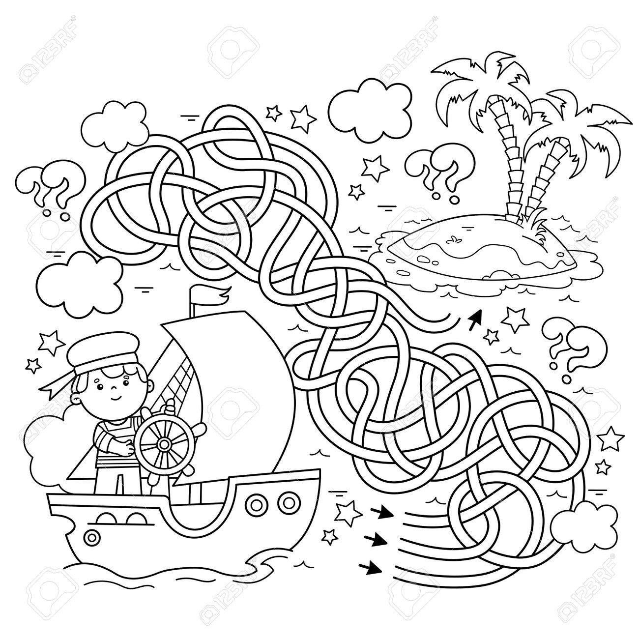 Maze or labyrinth game puzzle tangled road coloring page outline of cartoon sail ship with sailor sea travel coloring book for kids royalty free svg cliparts vectors and stock illustration image