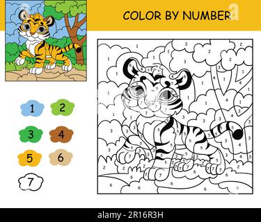 Coloring puzzle with number of color for kids with cute tiger printable coloring book worksheet for kids leisure black and white picture with color stock vector image art