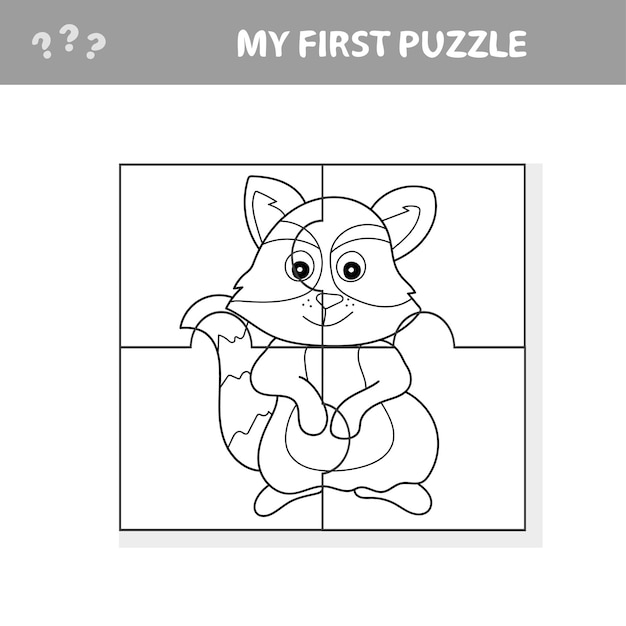 Premium vector cartoon vector illustration of educational jigsaw puzzle task for preschool children with raccoon animal character my first puzzle and coloring page