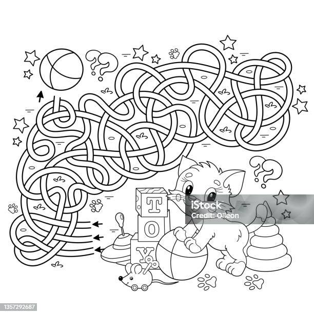 Maze or labyrinth game puzzle tangled road coloring page outline of cartoon cat with ball of yarn coloring book for kids stock illustration