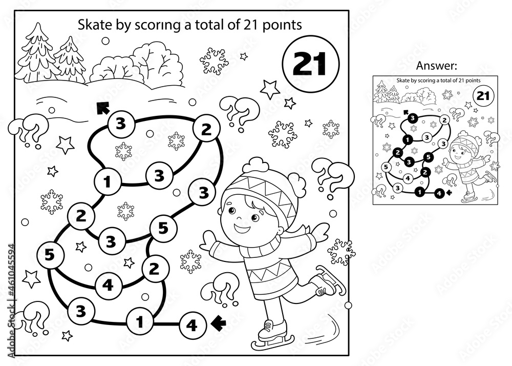 Math addition game puzzle for kids maze coloring page outline of cartoon girl skating winter sports coloring book for children vector