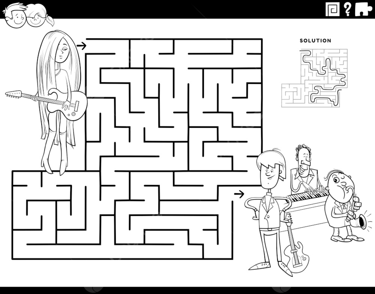 Black and white cartoon illustration of educational maze puzzle game for children with girl and guitar and music band coloring book page template download on