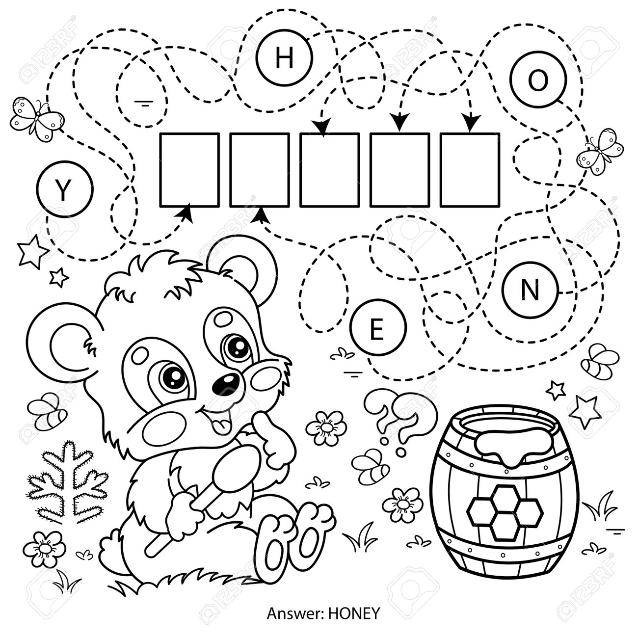 Maze or labyrinth game puzzle coloring page outline of cartoon little bear cub with barrel of honey coloring book for kids royalty free svg cliparts vectors and stock illustration image