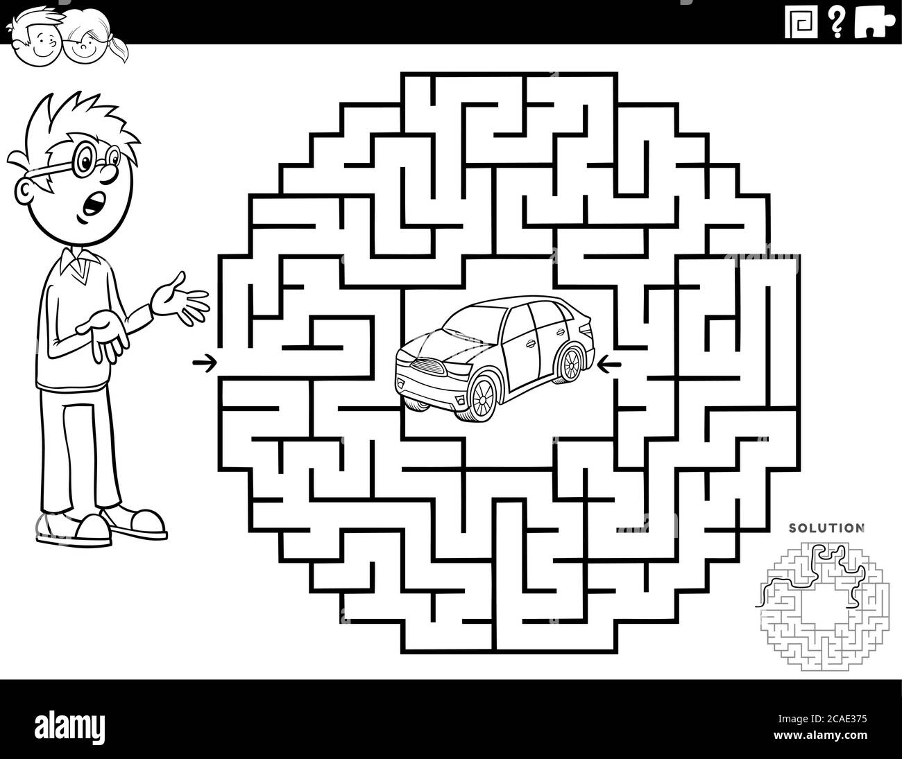 Black and white cartoon illustration of educational maze puzzle game for children with boy character and toy car coloring book page stock vector image art
