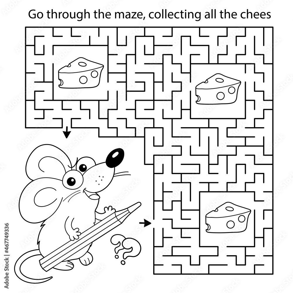 Maze or labyrinth game puzzle coloring page outline of cartoon fun mouse with pencil collect all cheese coloring book for kids vector