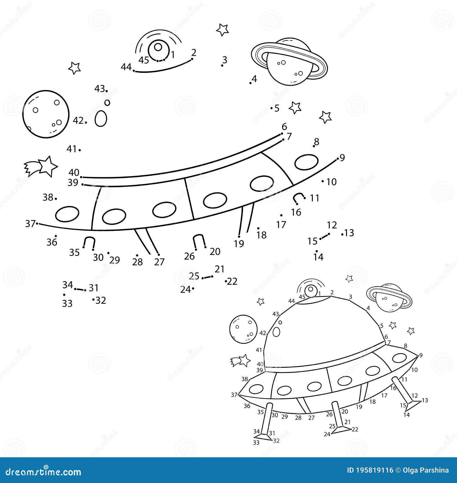 Puzzle game for kids numbers game coloring page outline of cartoon flying saucer stock vector