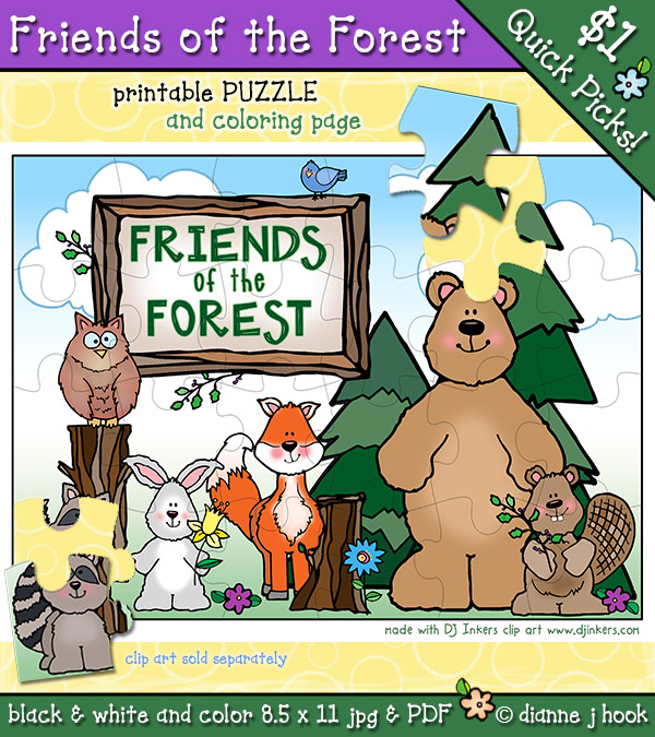 Woodland critters printable puzzle and coloring page for kids