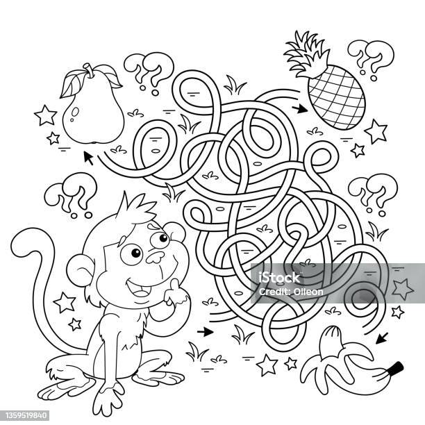 Maze or labyrinth game puzzle tangled road coloring page outline of cartoon little monkey with food coloring book for kids stock illustration