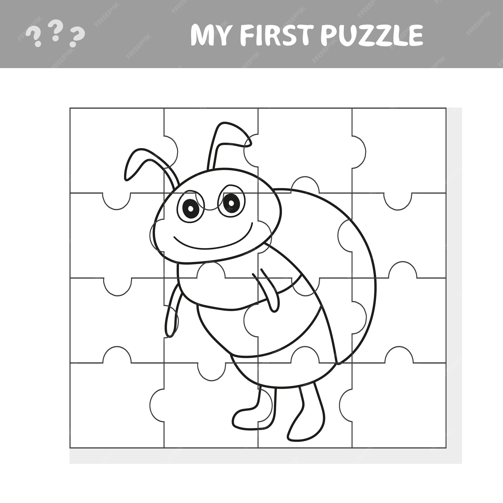 Premium vector cartoon illustration of education jigsaw puzzle game for preschool children with funny beetle character