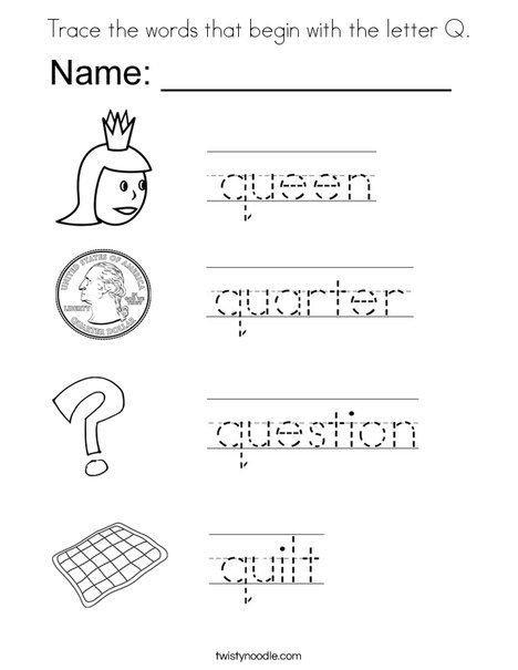 Trace the words that begin with the letter q coloring page lettering letter q worksheets alphabet worksheets kindergarten