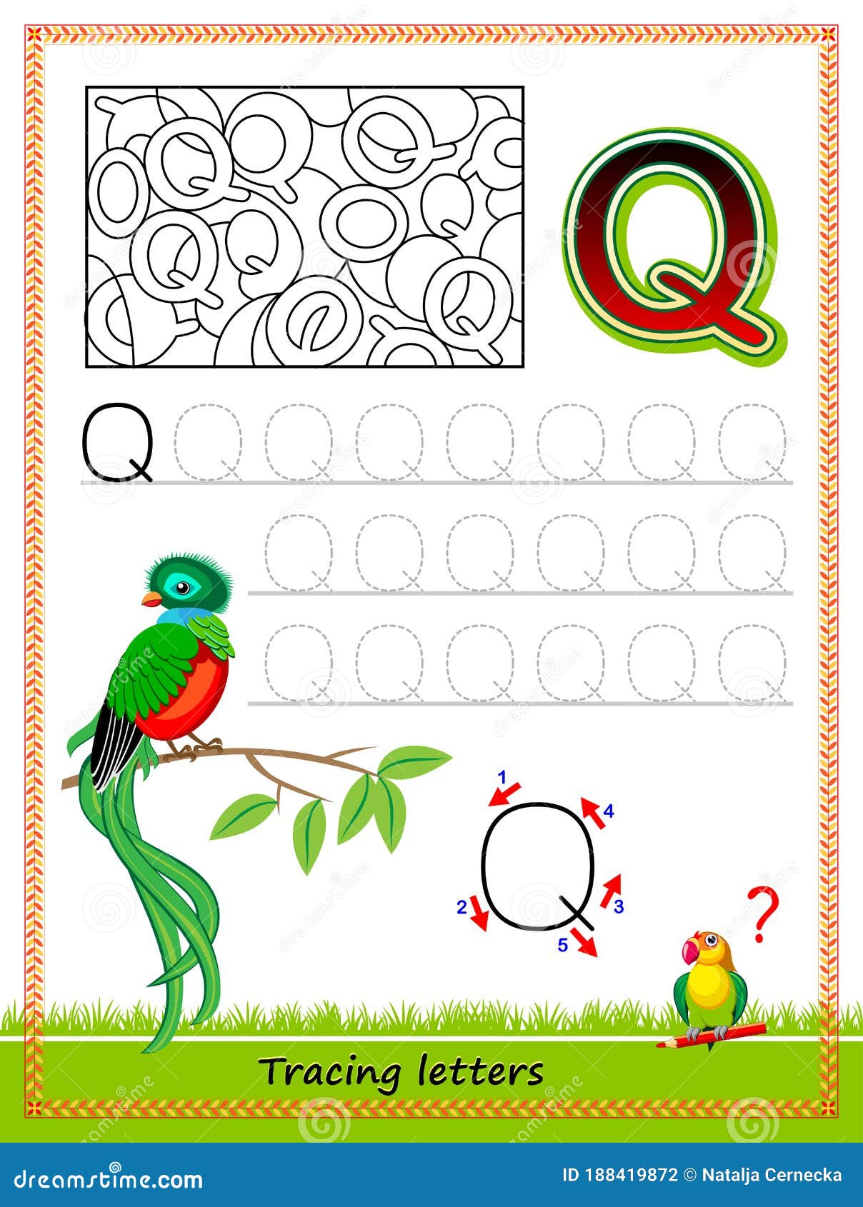 Worksheet for tracing letters find and paint all letters q kids activity sheet educational page for children coloring book stock vector