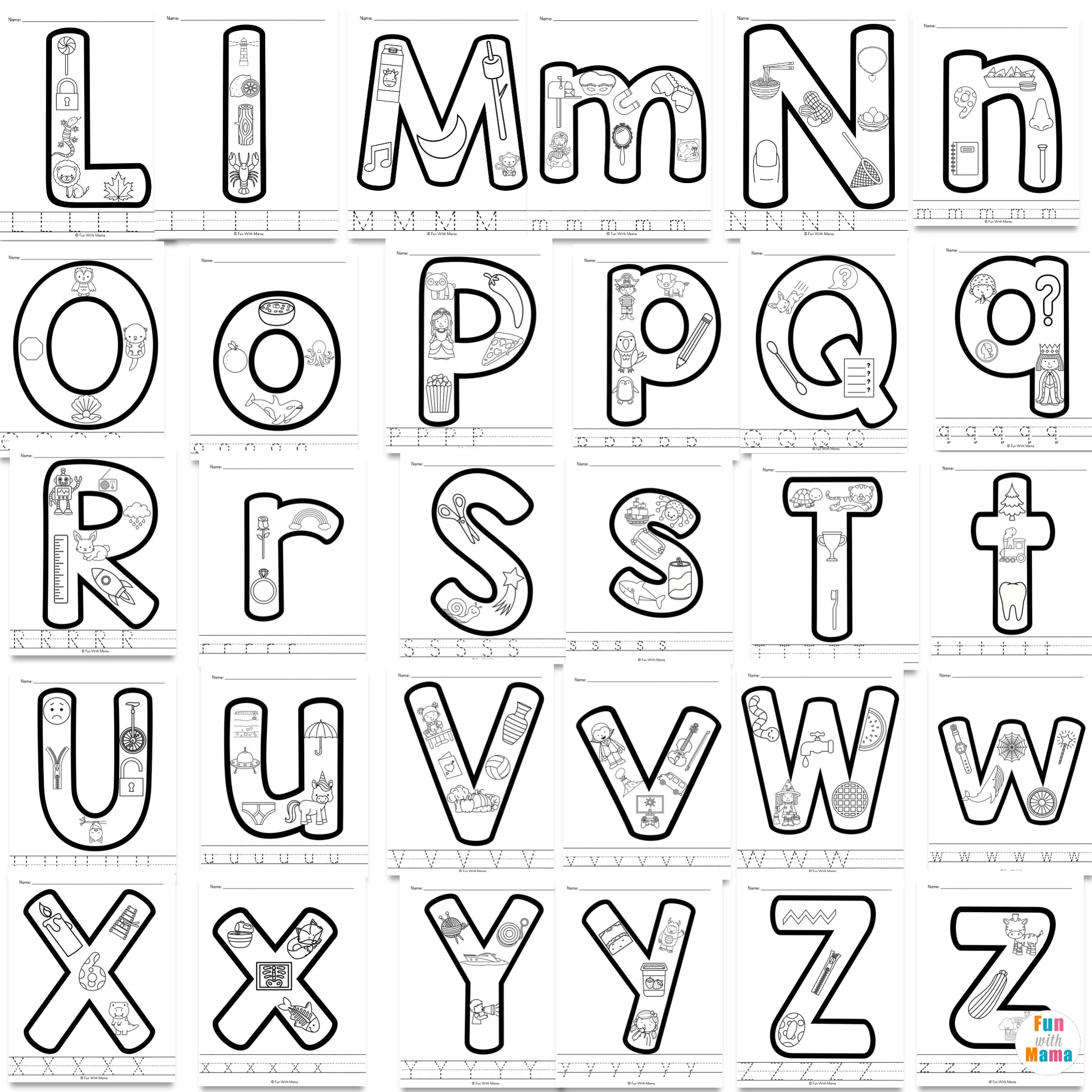 Alphabet letter sound coloring pages tracing worksheets